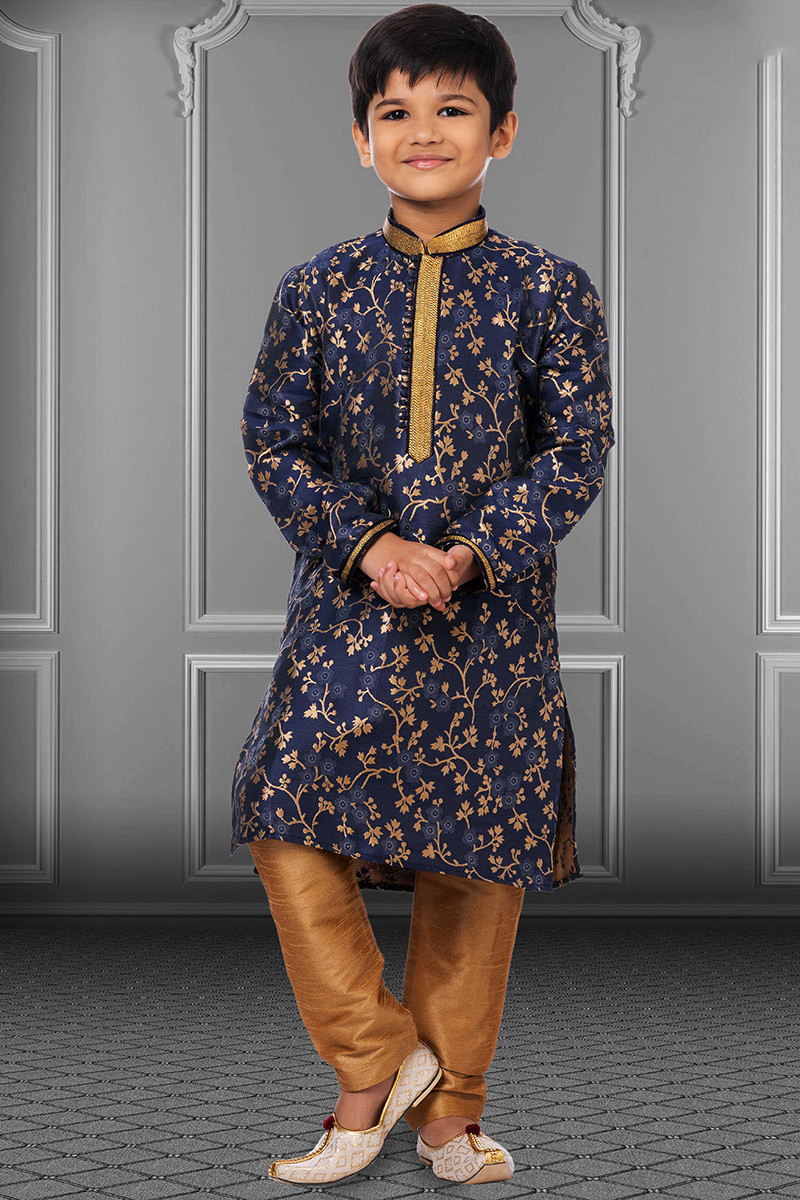 Womens Fashion Clothes Kids Kurta Pajama in Navy Blue Embroidered Fabric MKPA04121