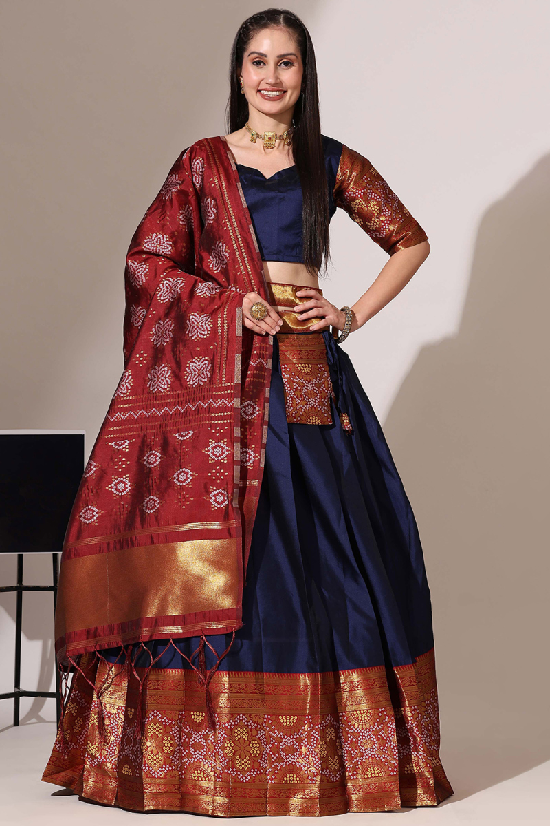 Navy Blue Silk Woven Zari A Line Lehenga 