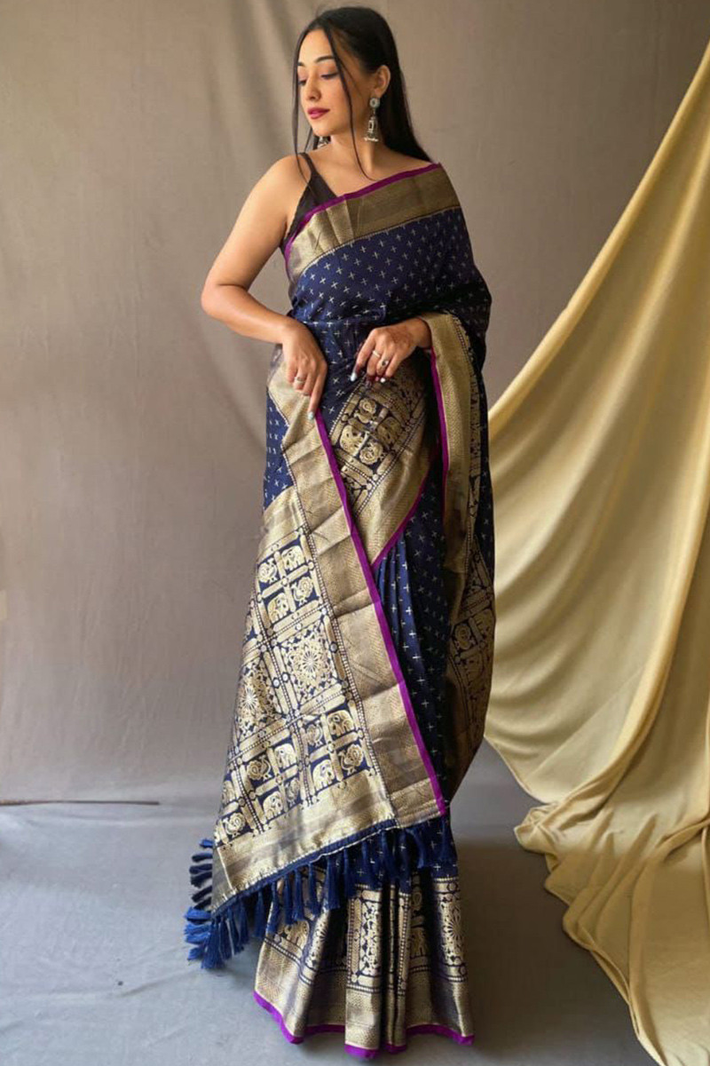 Navy blue mekhela sador deals