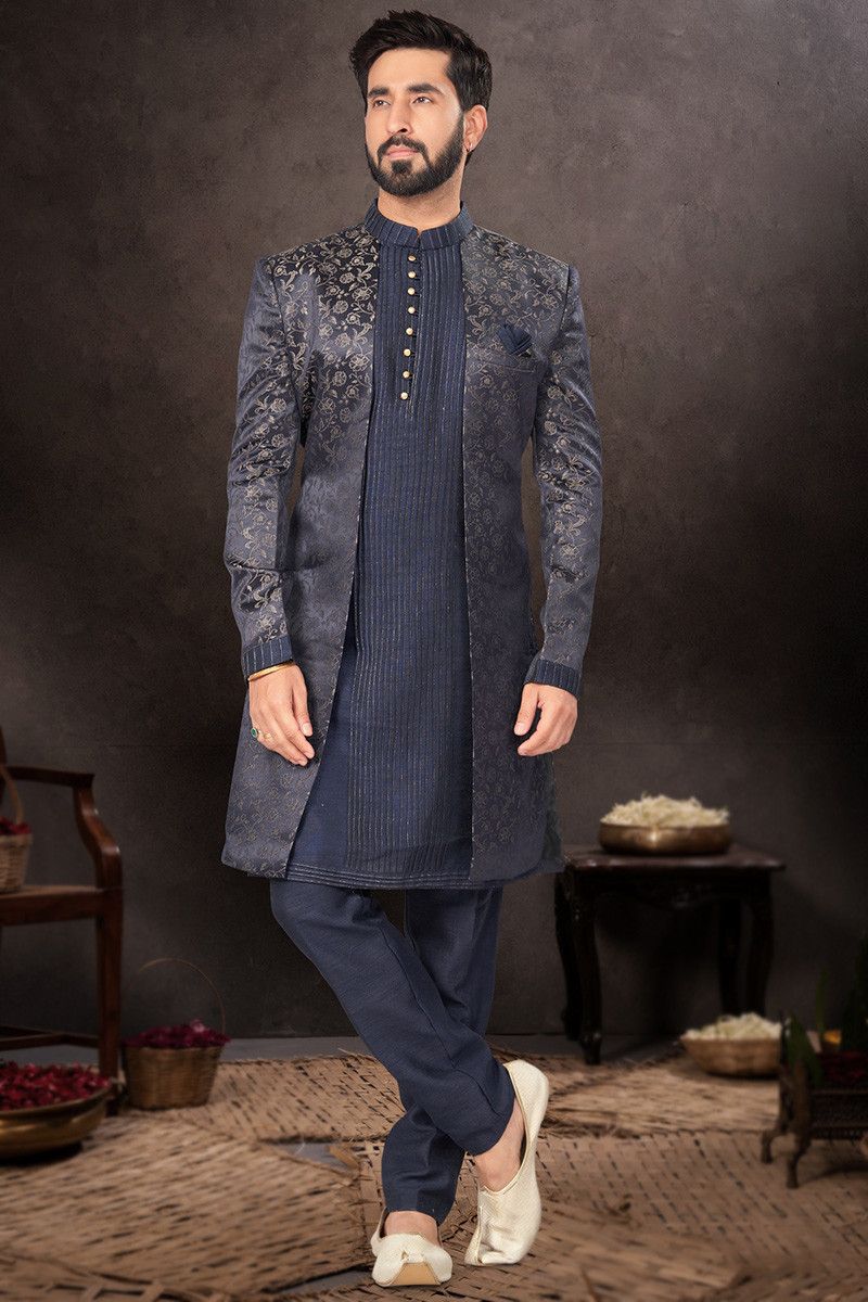 Navy Blue Silk Zari Embroidered Jacket Style Men s Kurta Pajama MKPA06888