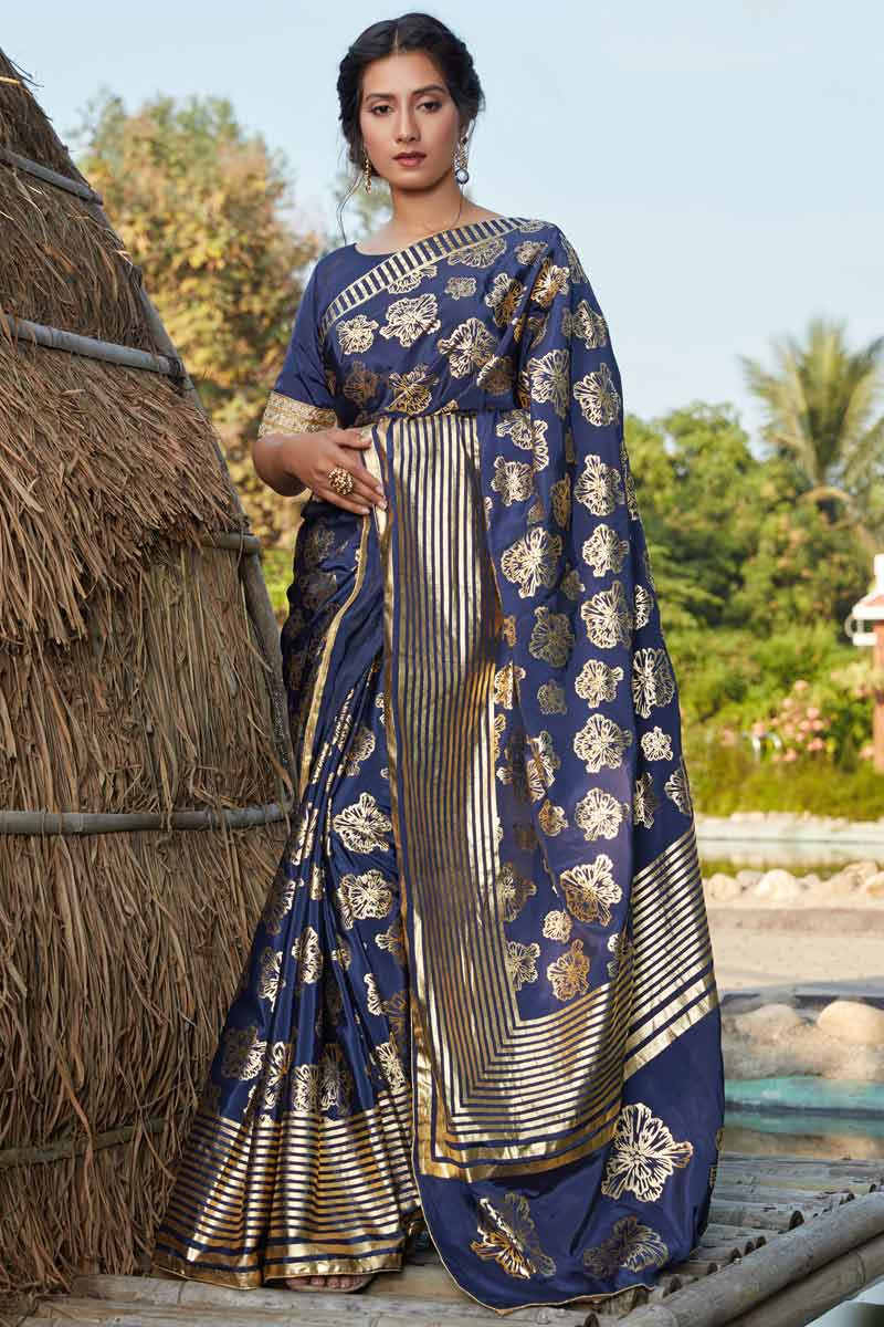 Contrast Weaved Navy Blue Border Soft Silk Saree – bollywoodlehenga