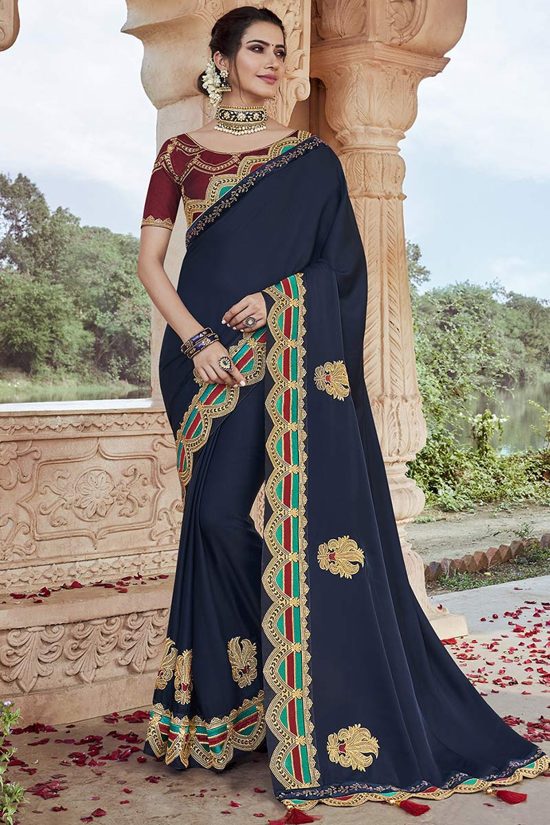 Chandani Navy Blue Soft Banarasi Silk Saree With Attractive Blouse –  Zariknyaa