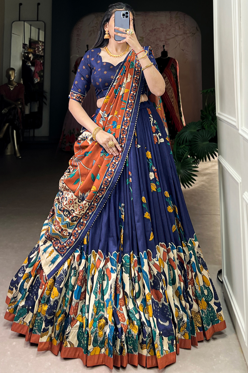 Navy Blue Tussar Silk Lehenga With Printed Work For Diwali