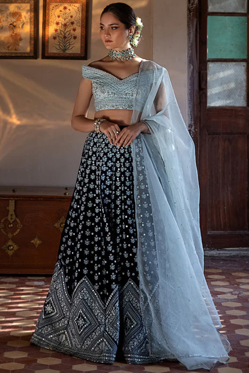 Blue patola silk lehenga with intricately printed crop top &  skirt,double-color net material dupatta with printed border