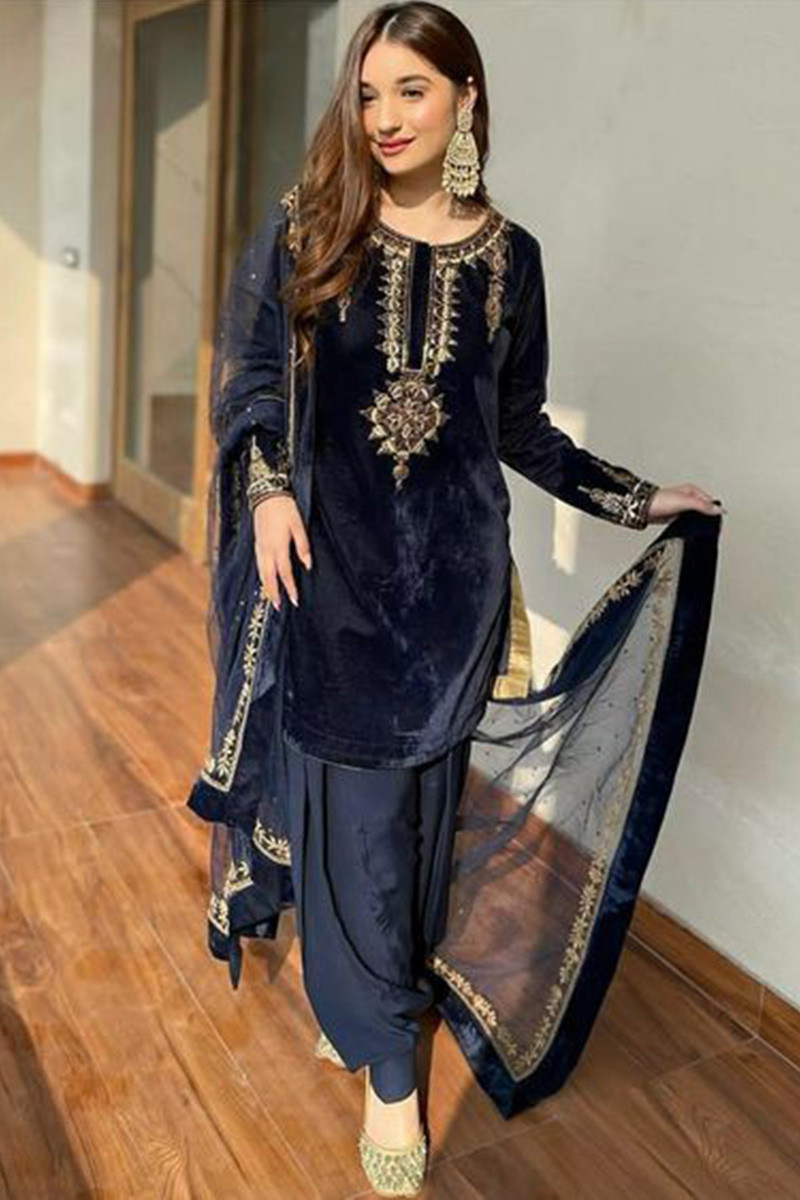 Velvet Embroidered Patiala Suit in Navy Blue | Velvet dress designs, Velvet  suit design, Wedding dress material