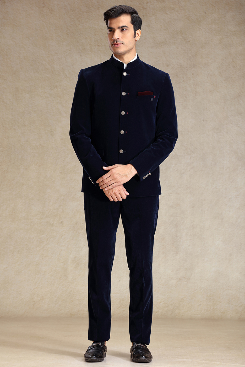 Navy Blue Velvet Jodhpuri Suit for Wedding