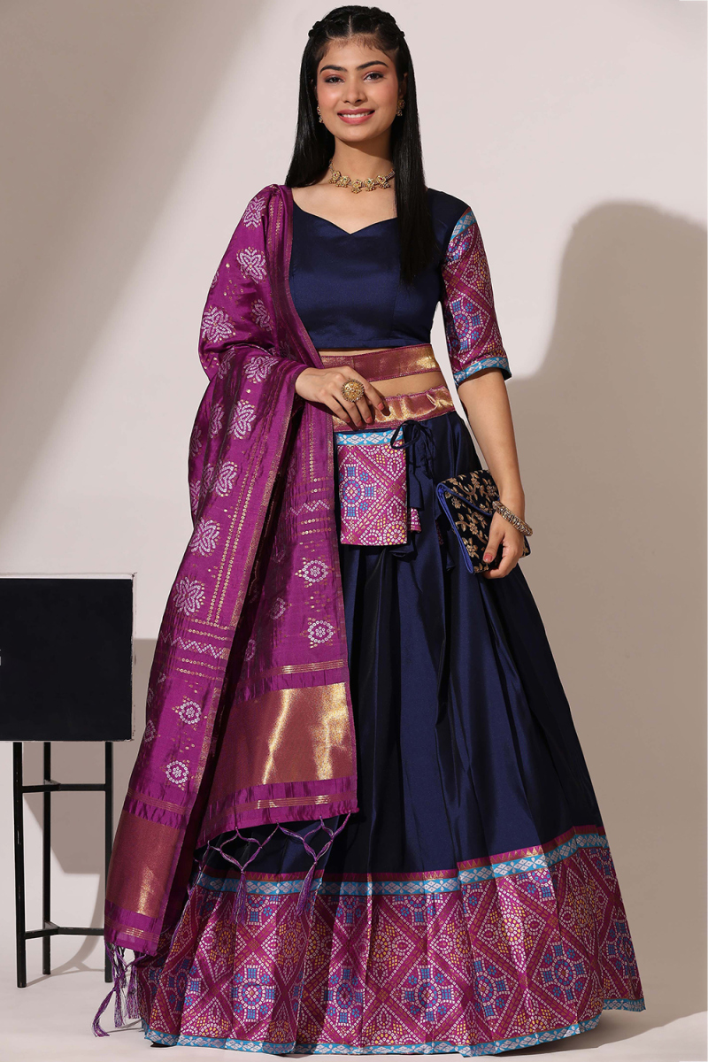 Navy Blue Weaved Zari Casual Wear Flared Style Silk Lehenga 