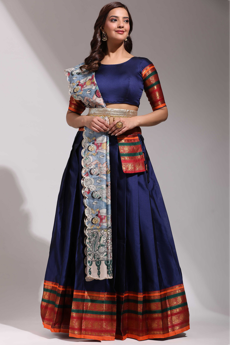 Navy Blue Weaved Zari Flared Style Casual Wear Silk Lehenga 