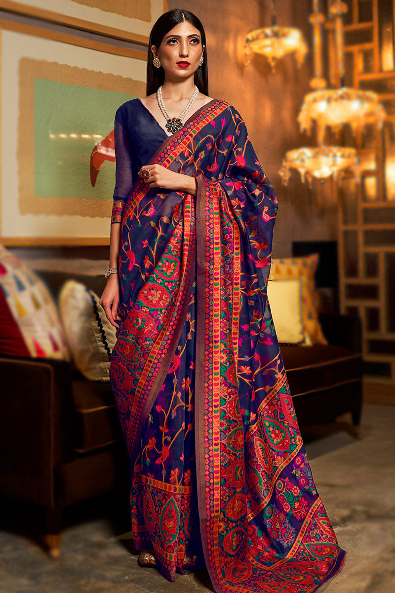 Navy Blue Weaved Zari Kora Silk Broad Border Saree 