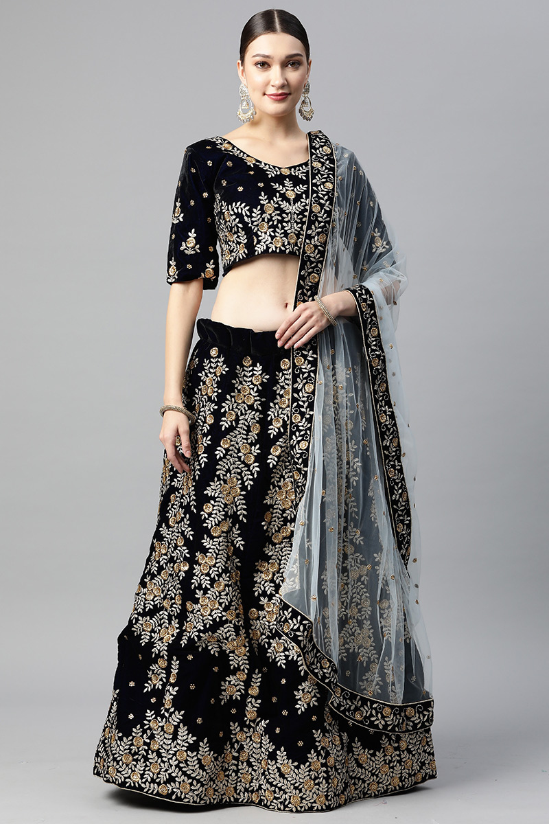 Navy Blue Zari Embroidered Velvet Panelled Style Lehenga
