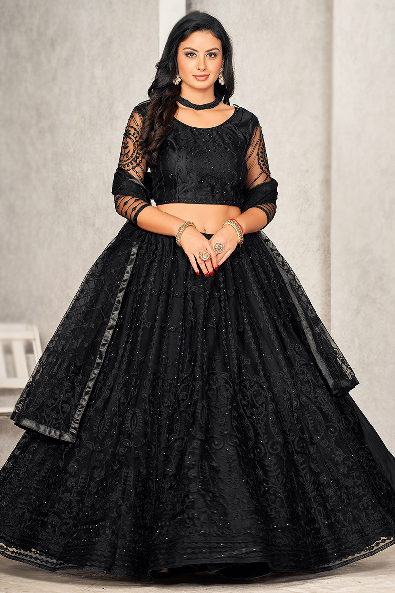 Net Black Resham Embroidered Panelled Style Lehenga 