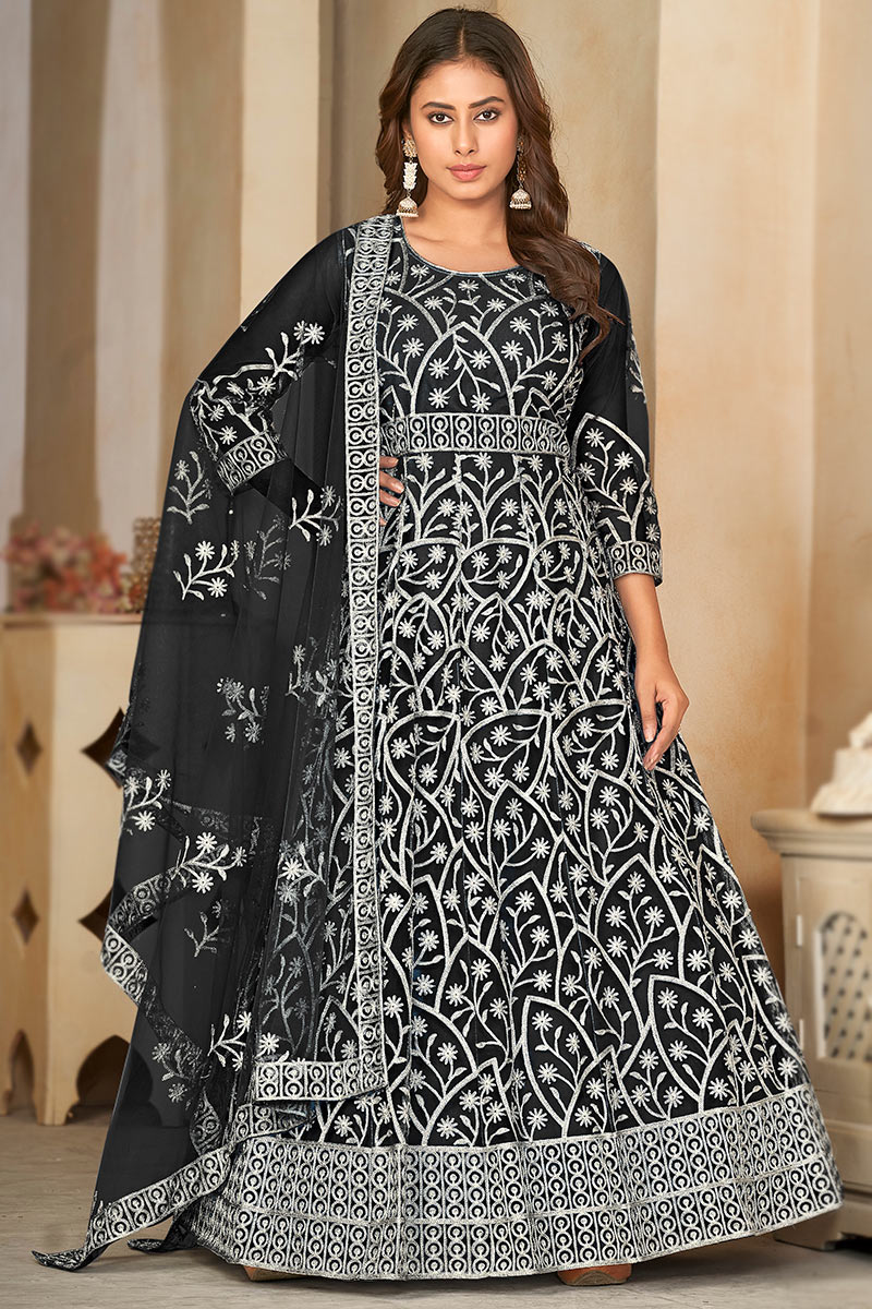 Net Black Resham Thread Embroidered Anarkali Suit 
