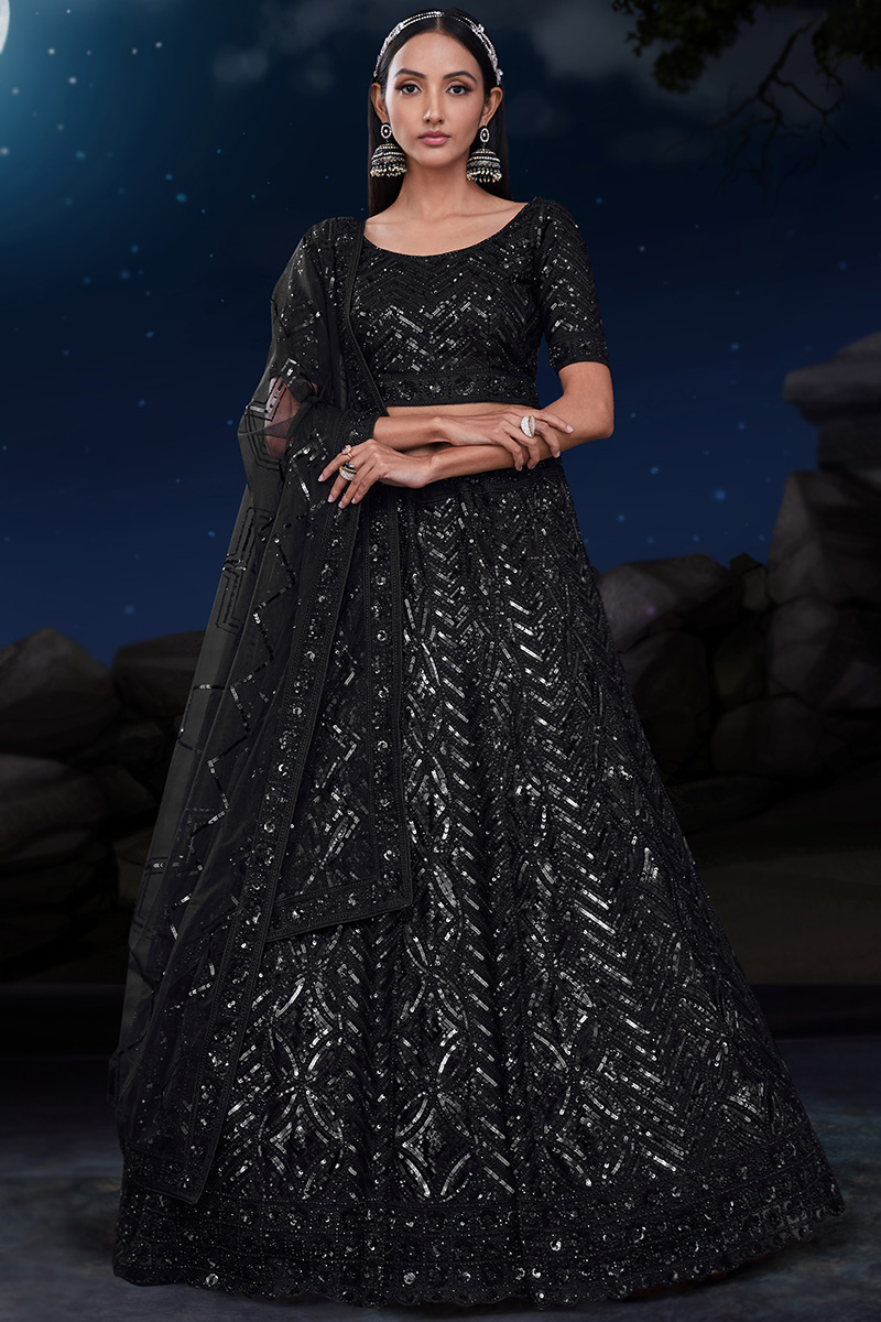 Net Black Sequins Embroidered Panelled Lehenga 