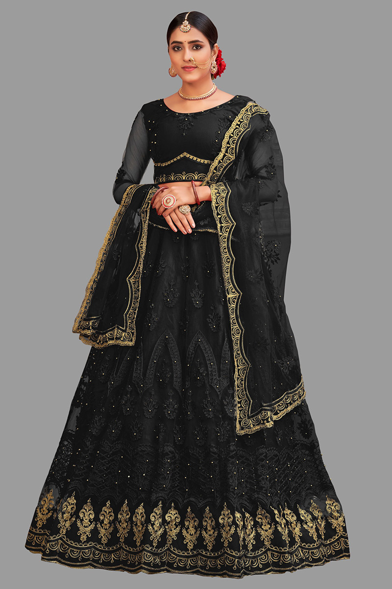 Net Black Stone Embellished Panelled Style Lehenga