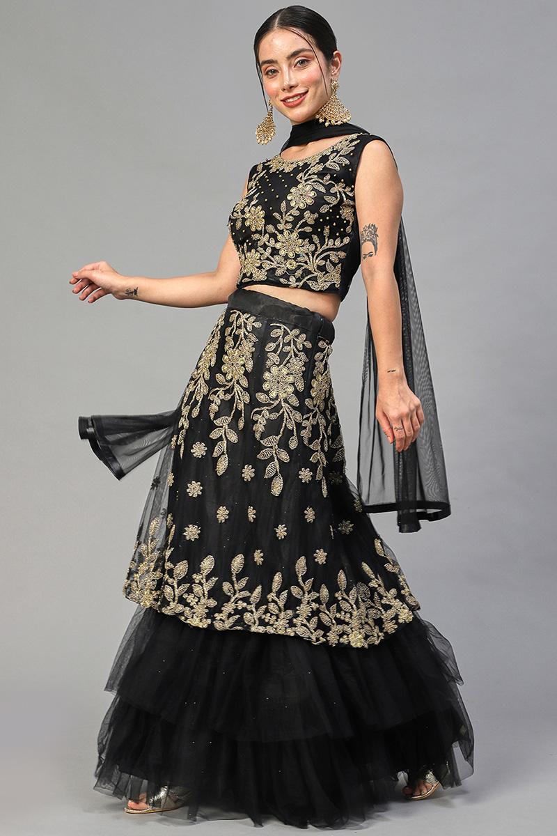 Net Black Zari Embroidered Layered Style Lehenga 