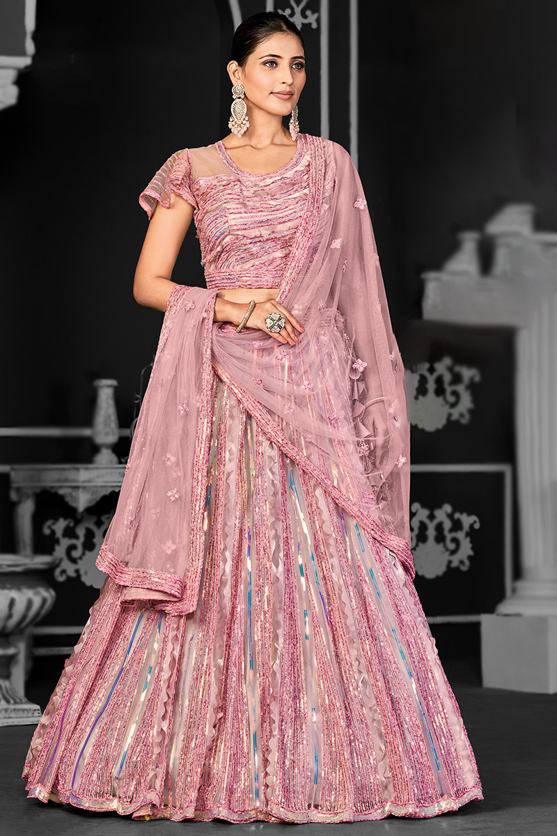 Net Blush Pink Embroidered Flared Lehenga