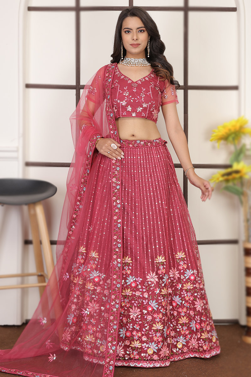 Net Brick Red Sequins Embroidered Panelled Style Lehenga