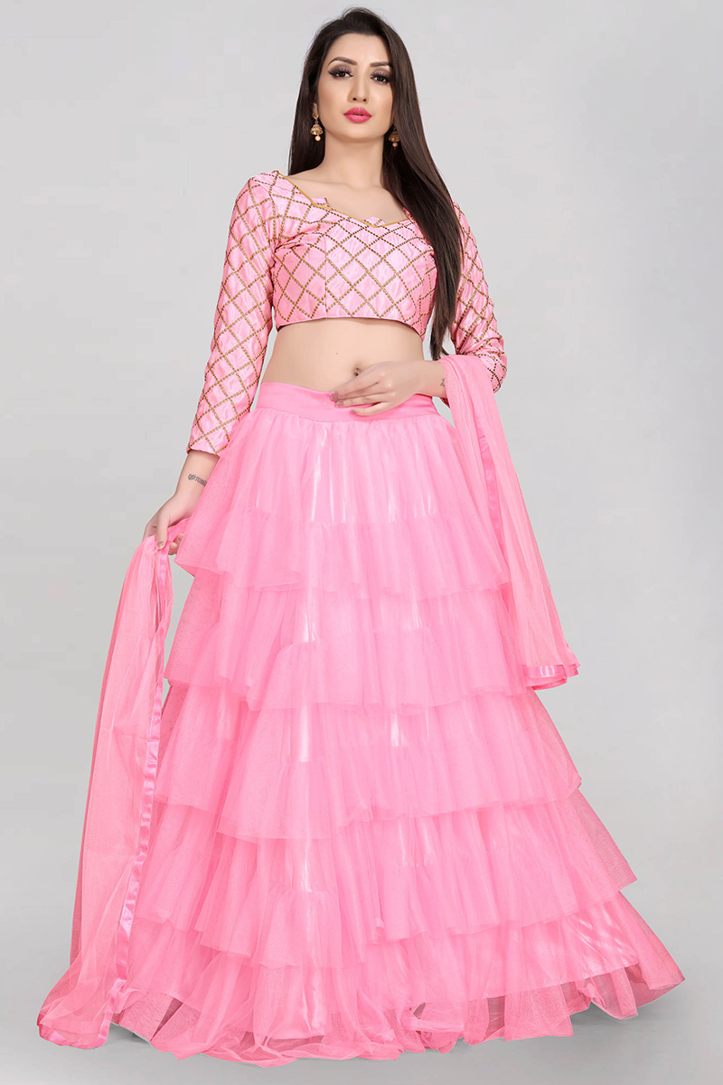 Net Carnation Pink Zari Embroidered Layered Style Lehenga 