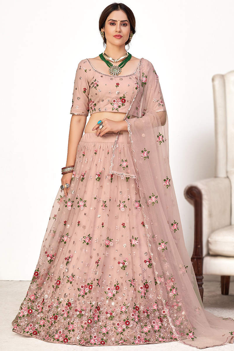Net Creamy Pink Sequins Embroidered Flared Style Lehenga