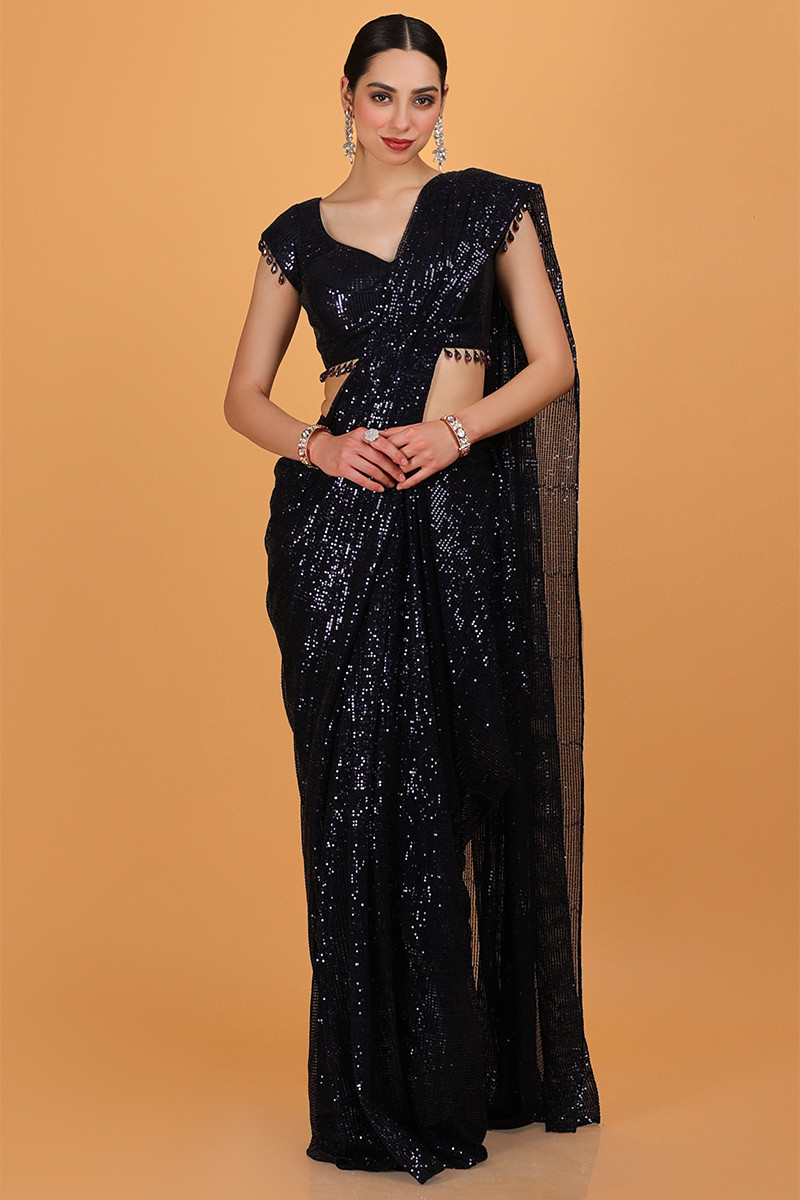 Net Dark Blue Sequins Embroidered Indo Western Saree SARV172787