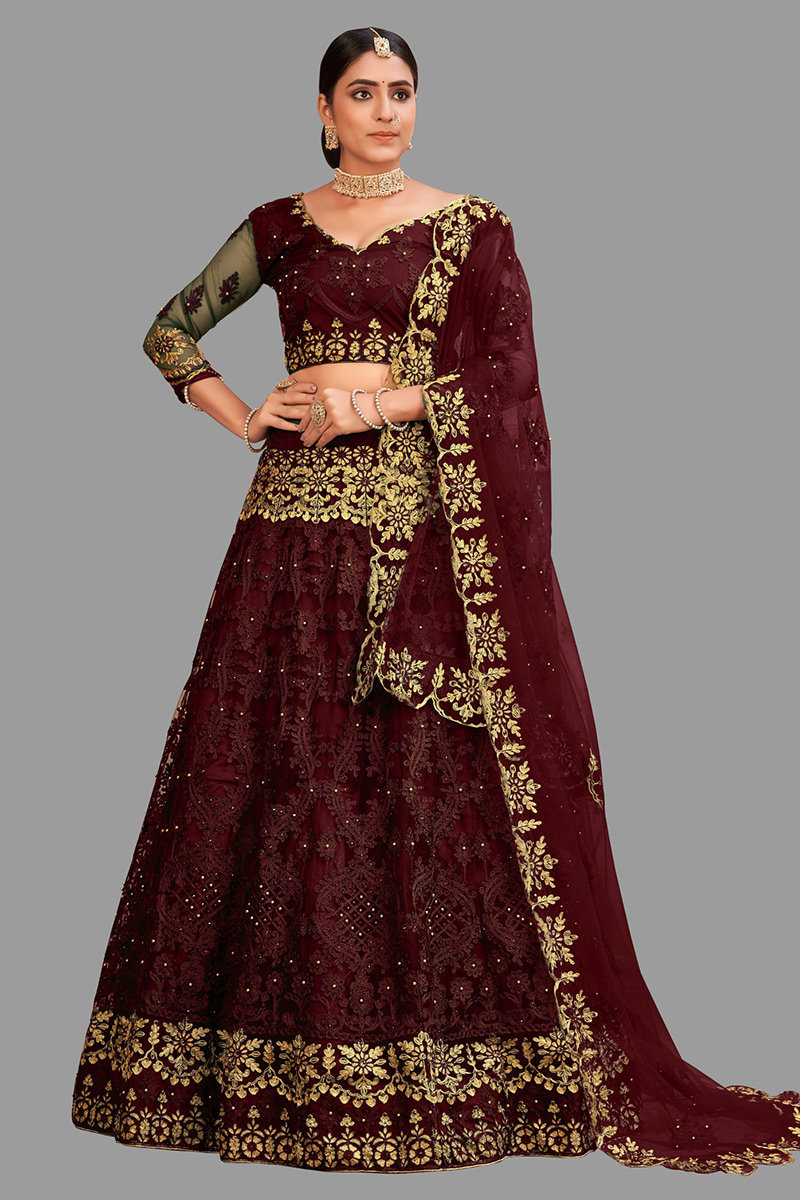 Net Dark Maroon Embroidered Panelled Style Lehenga