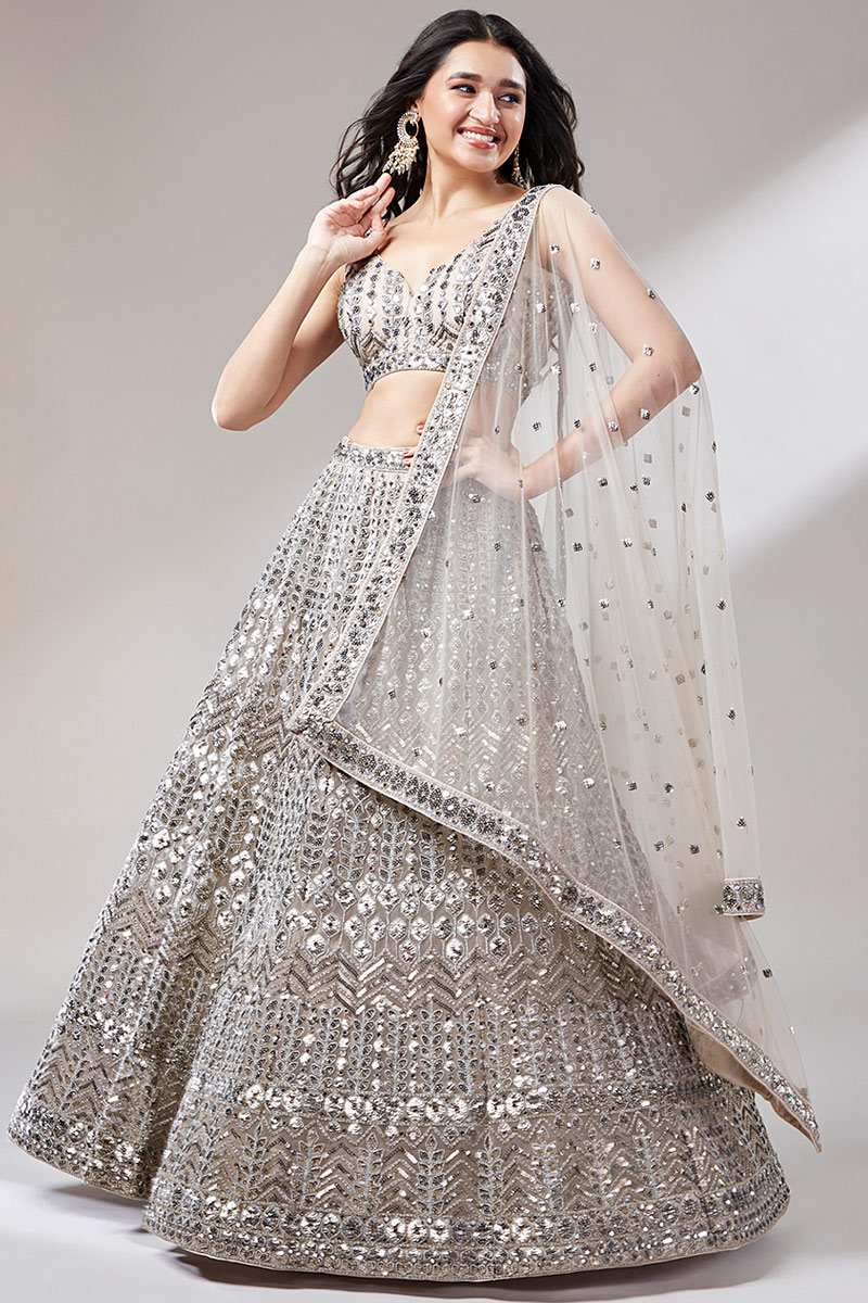 Net Dori Embroidered Cream Beige Panelled Style Lehenga 