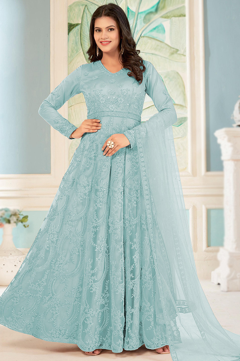 Net Dori Embroidered Light Blue A Line Anarkali Suit LSTV127234