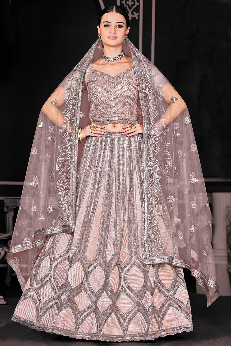 Net Dusty Pink Dori Embroidered A-line Lehenga