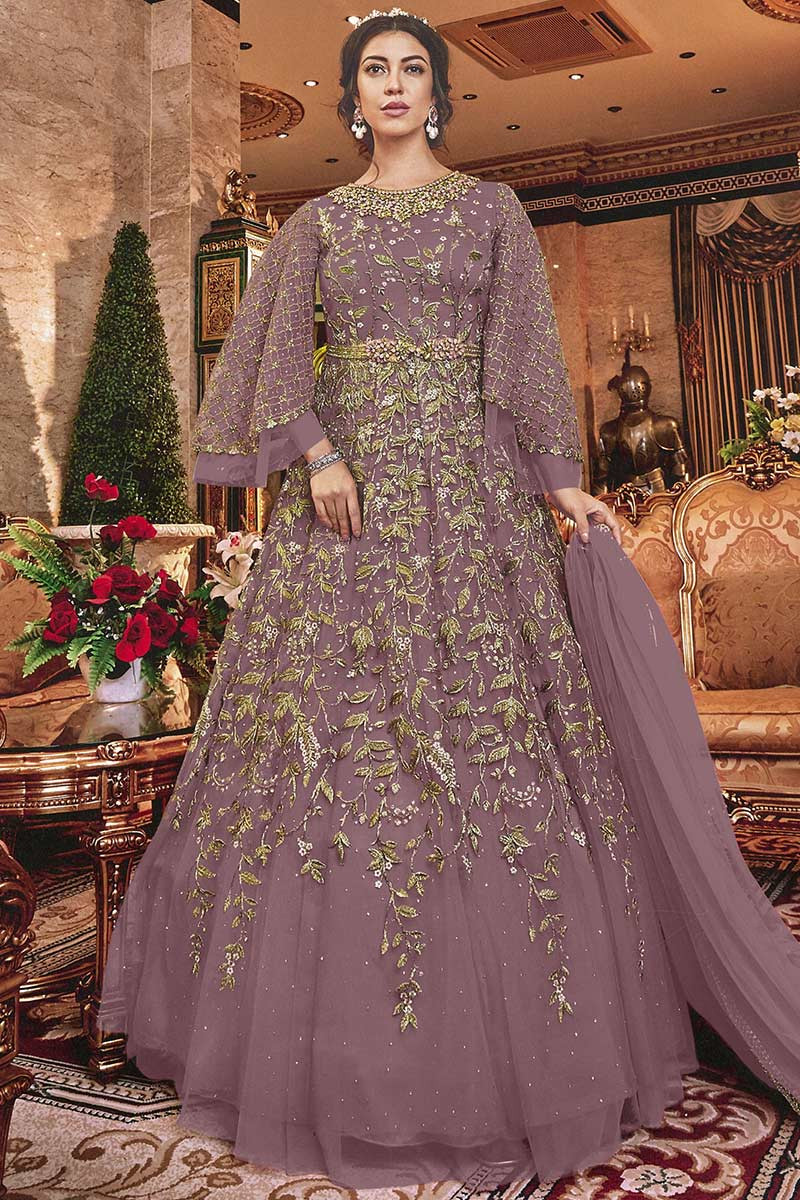Buy Net Embroidered Anarkali Gown In Dusty Purple Colour Online