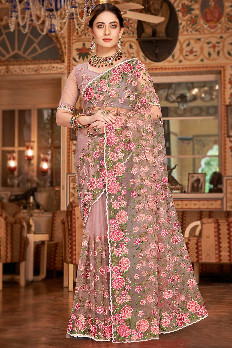 Net Embroidered Dusty Pink Saree