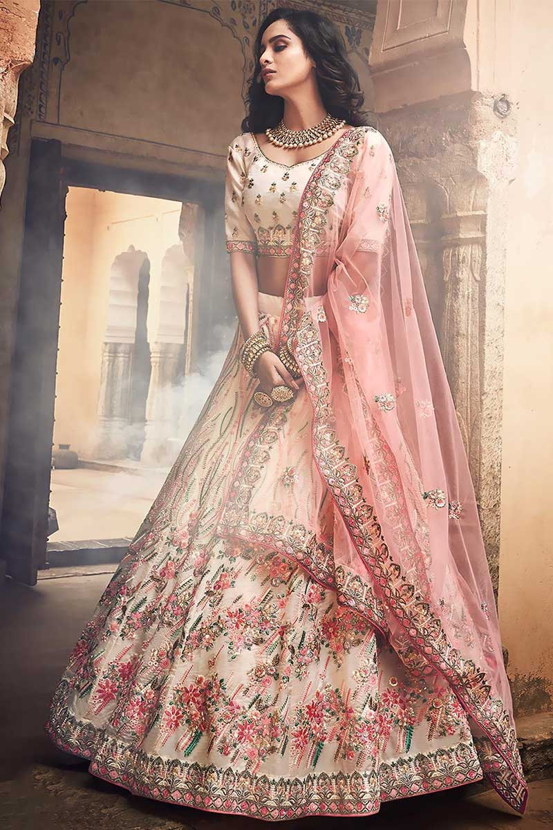 Buy Pearl White Embroidered Bridal Lehenga In Raw Silk With Floral Hand  Embroidery