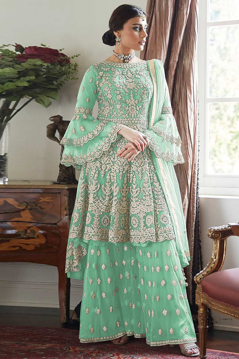 Net Embroidered Sharara Suit In Seafoam Green Colour For Eid
