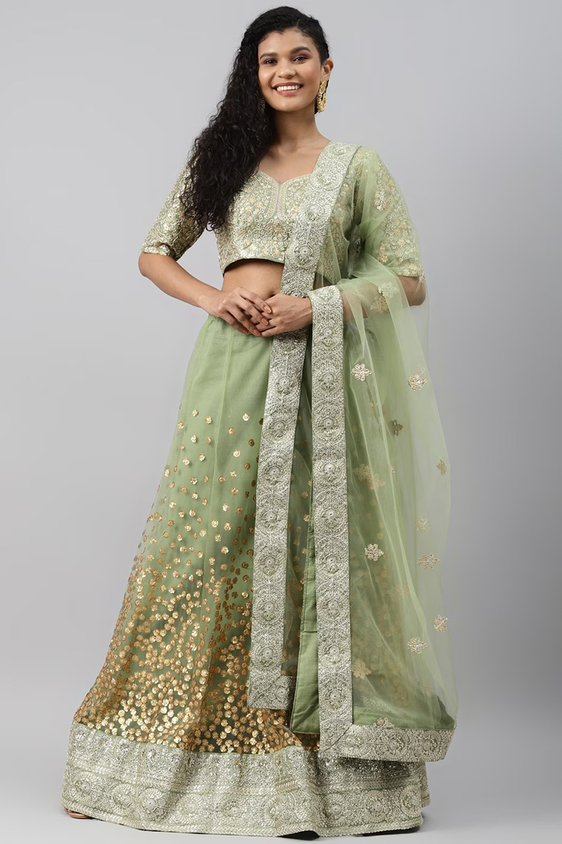 Net Lace Embroidered Sage Green Panelled Style Lehenga