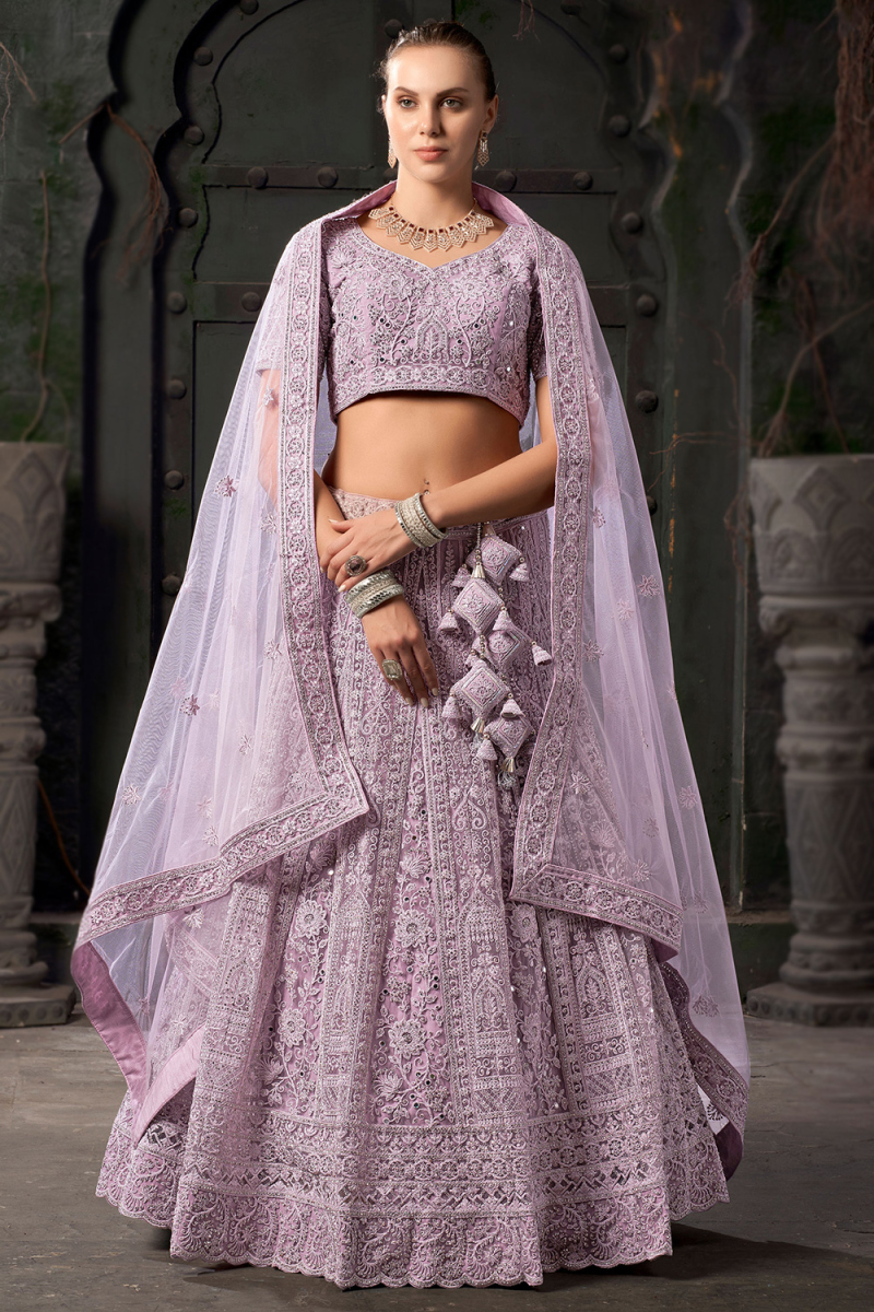 Net Lavender Pink Dori Embroidered Panelled Style Lehenga