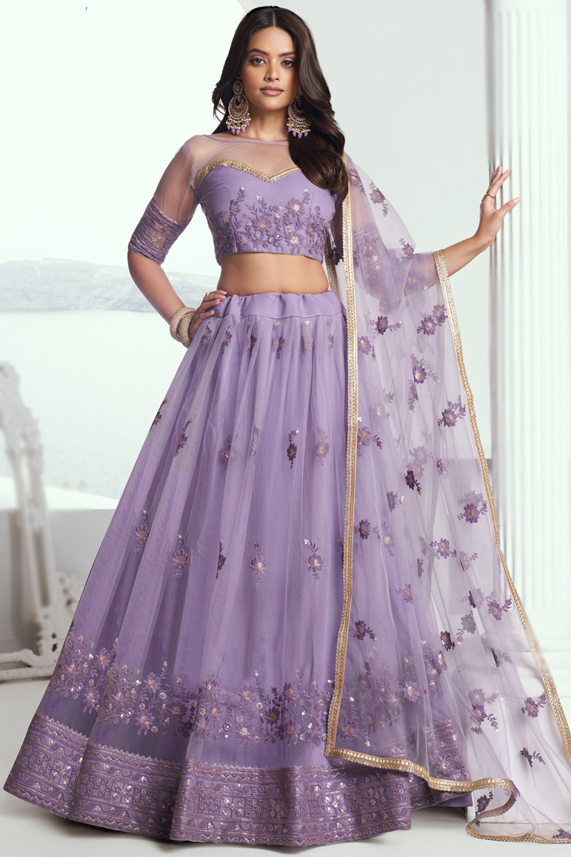 Net Lavender Purple Embroidered Flared Style Lehenga