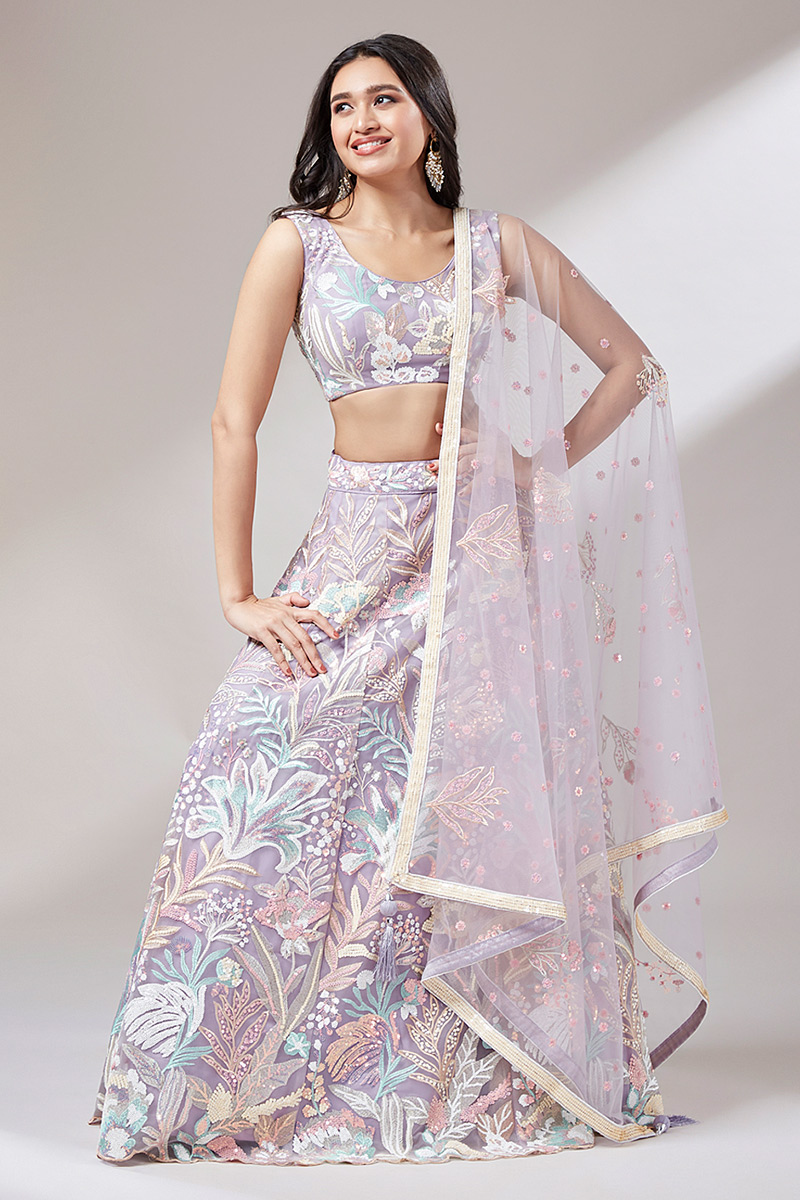 Net Lavender Purple Embroidered Panelled Style Lehenga