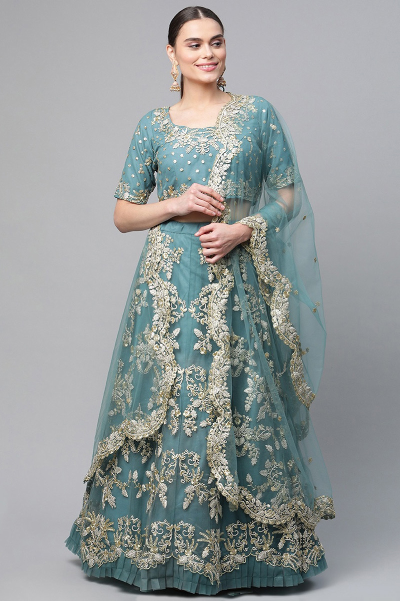 Net Light Blue Dori Embroidered Panelled Style Lehenga