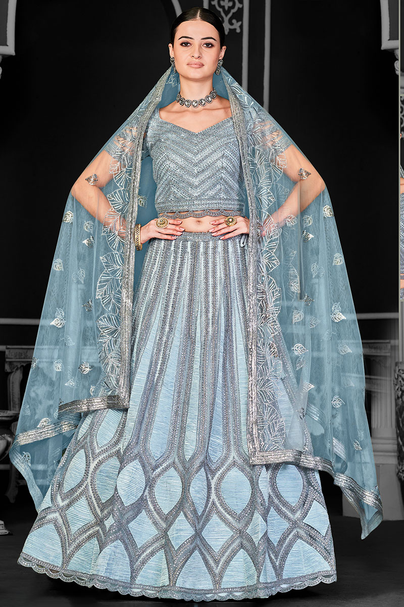 Net Light Blue Embroidered Panelled Lehenga