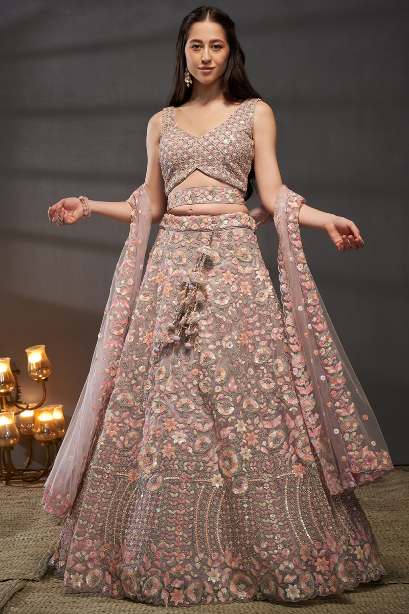 Net Light Mauve Lehenga With Sequins Work For Weddings