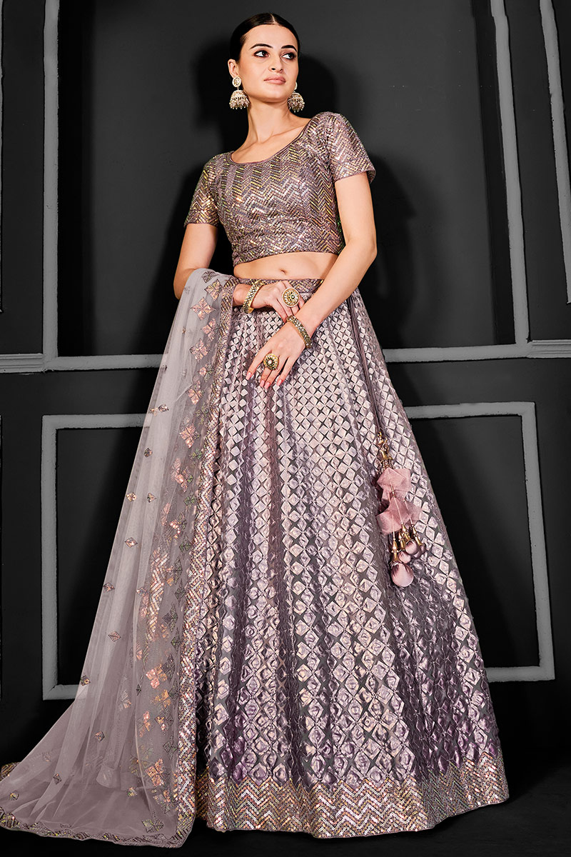 Net Light Mauve Patch Embroidered A-line Lehenga