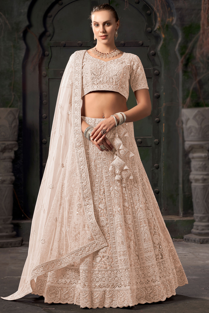 Net Light Peach Dori Embroidered Panelled Style Lehenga 