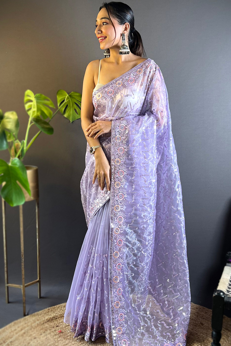 Net Light Purple Embroidered Festival Wear Saree