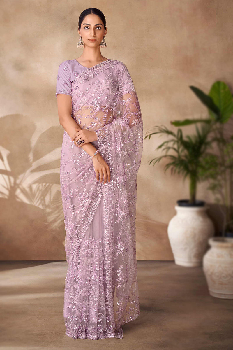 Net Light Purple Sequins Embroidered Light Weight Saree 
