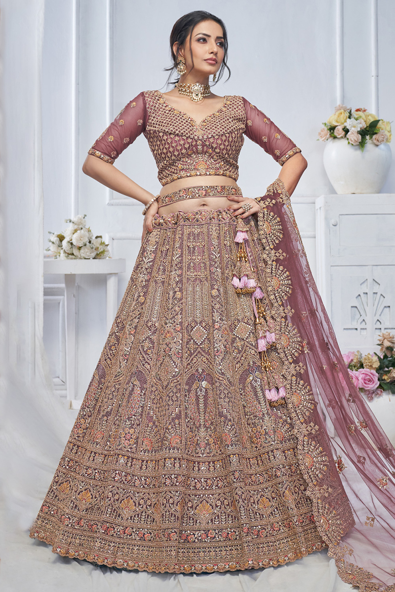 Net Mauve Taupe Resham Embroidered Panelled Style Lehenga 
