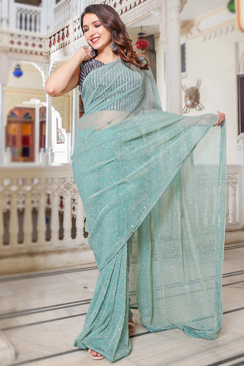 Plus Size Mint Green Net Embroidered Saree