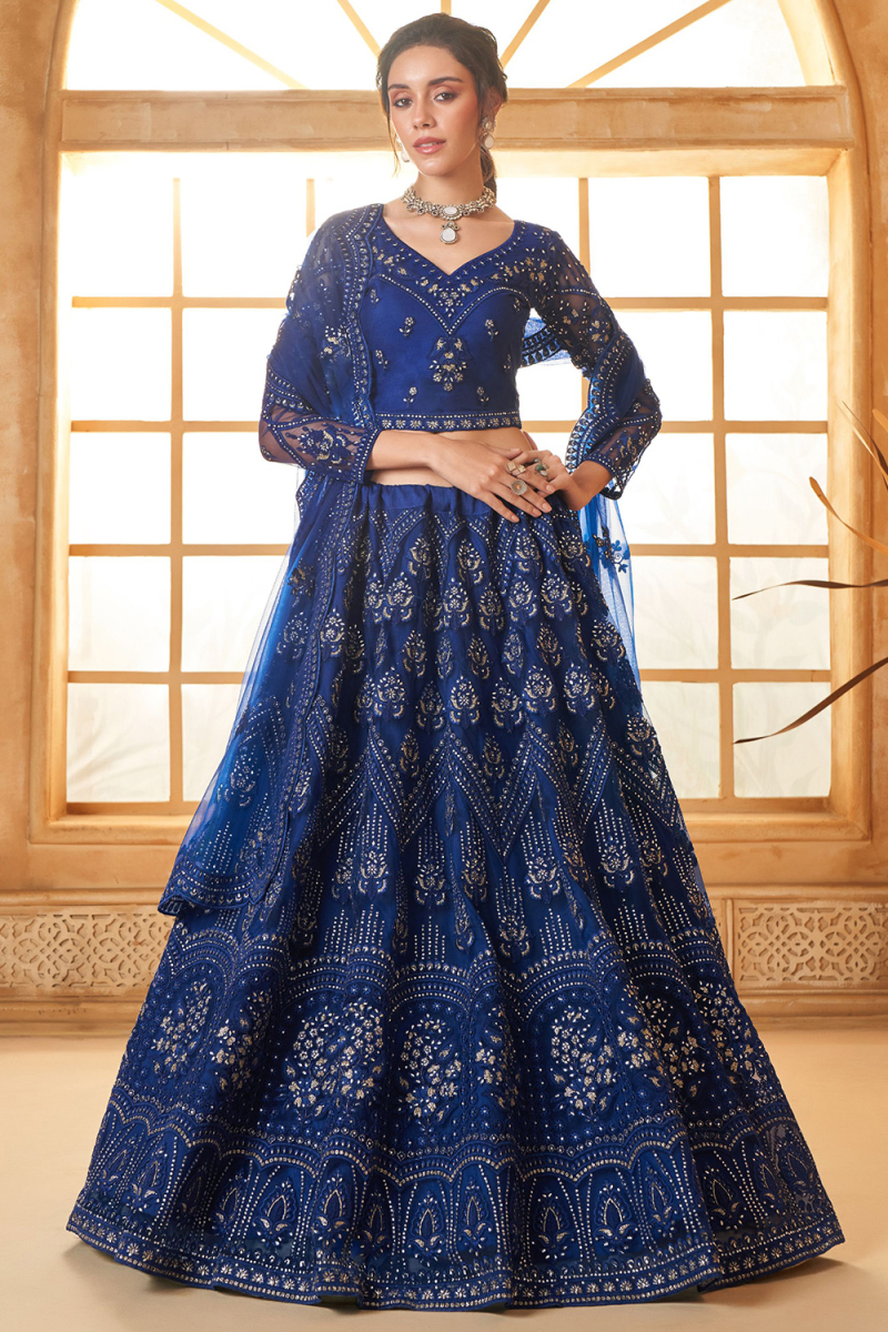 Net Navy Blue Stone Embellished Panelled Style Lehenga