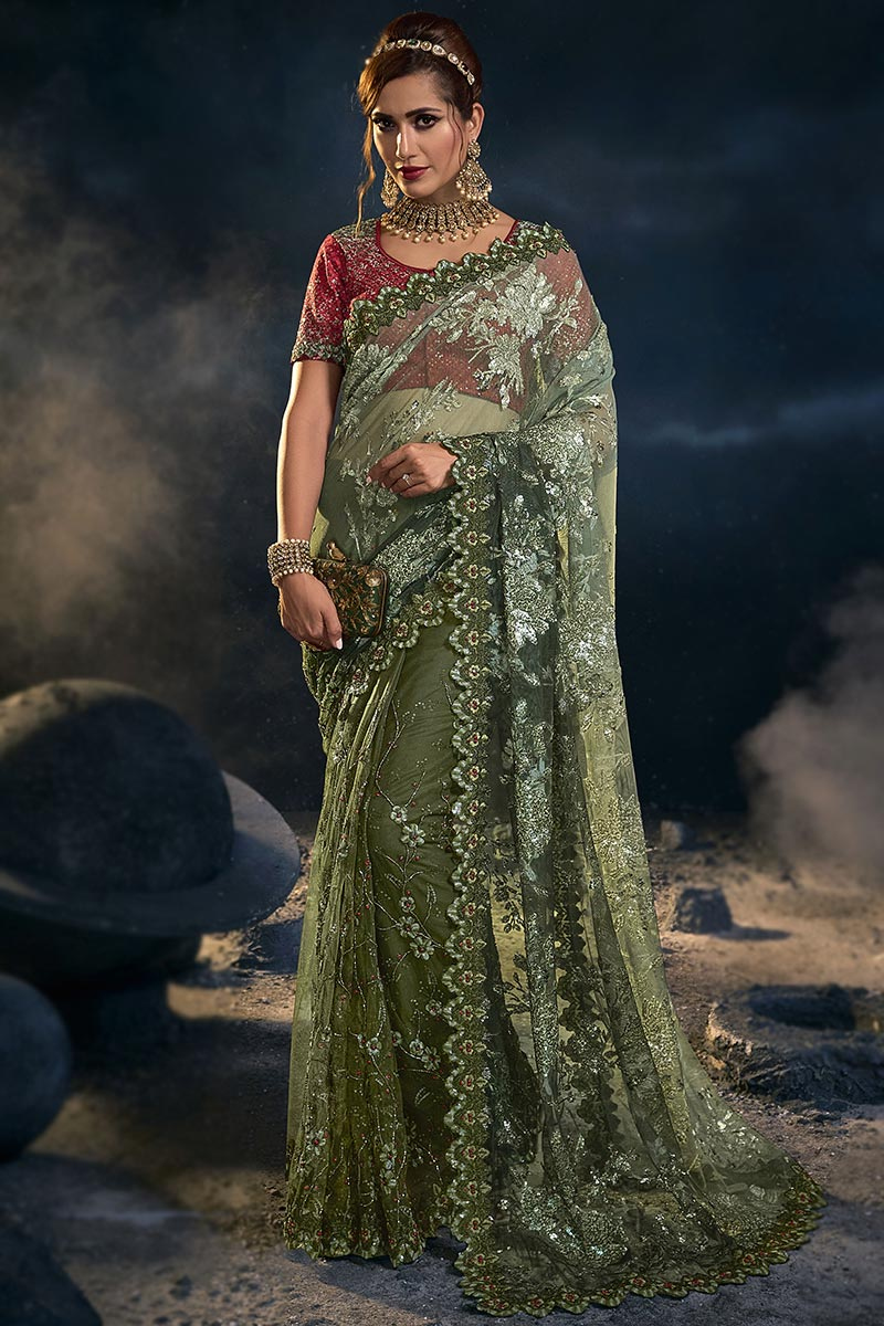 Net Olive Green Embroidered Saree