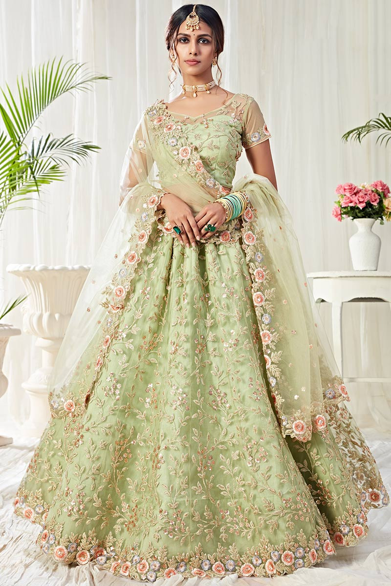 Embroidered Crepe Lehenga in Pastel Green : LUF2957