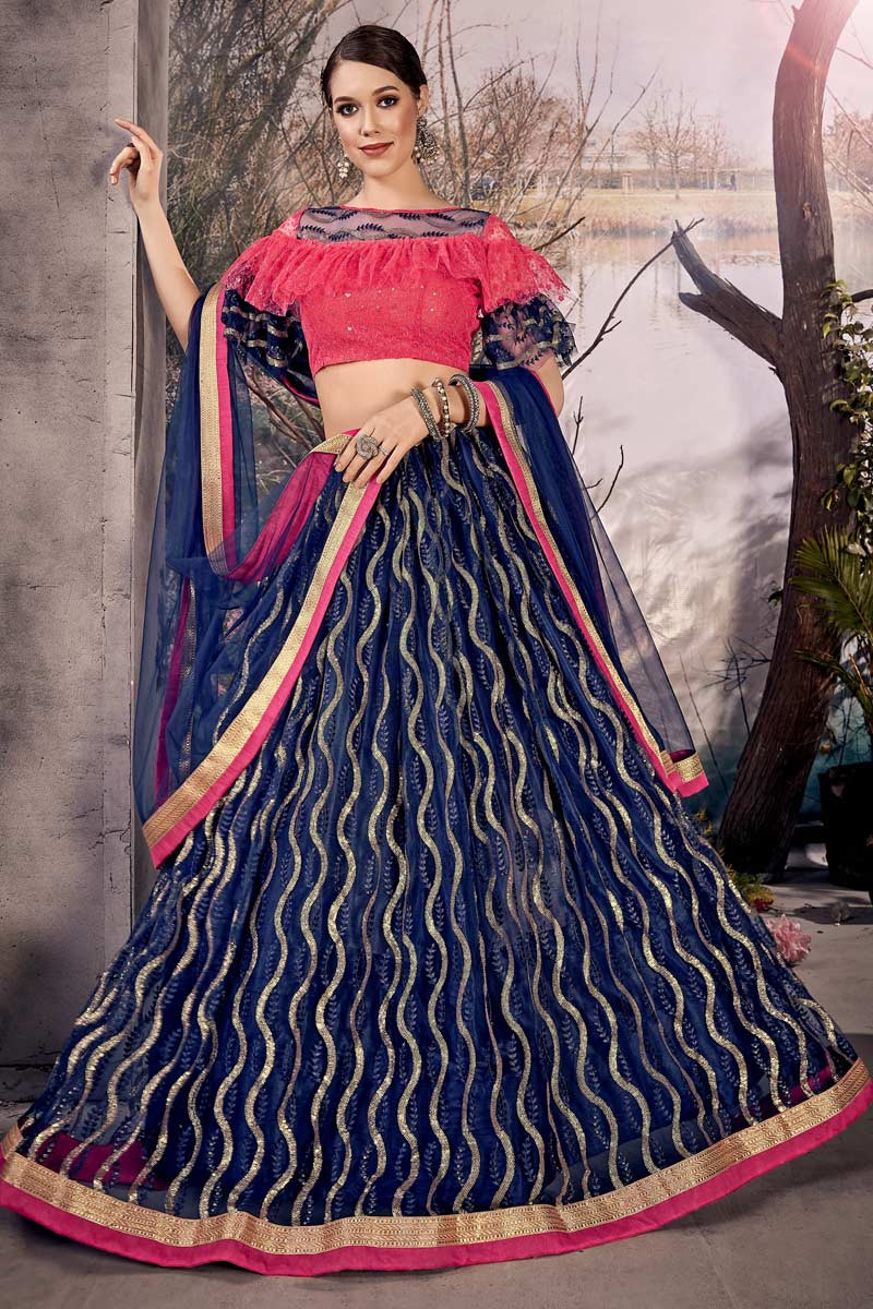 Navy Blue And Peach Pink Net Embroidered Fancy Semi Stitched Lehenga A –  Parvati Ethnic