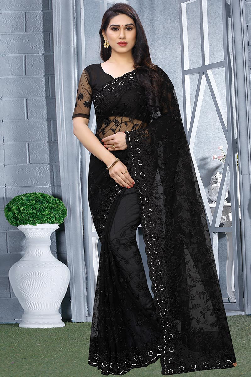 Black color Georgette Partywear Saree - Latest Saree - New In - Indian